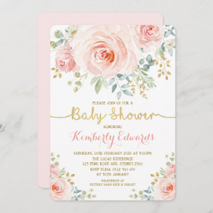 Blush Gold Floral Rose Girl Baby Shower Invitation
