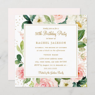 Blush Gold Floral Watercolor 50th Birthday Invite