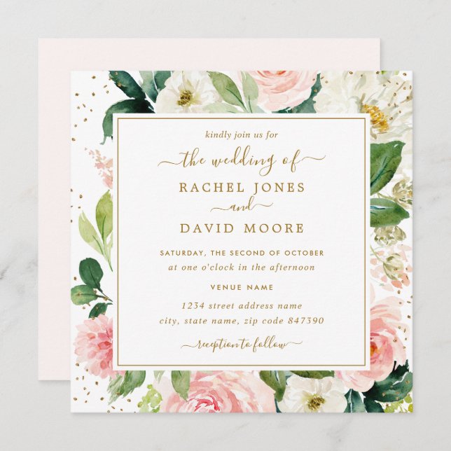 Blush Gold Floral Watercolor Wedding Invite (Front/Back)
