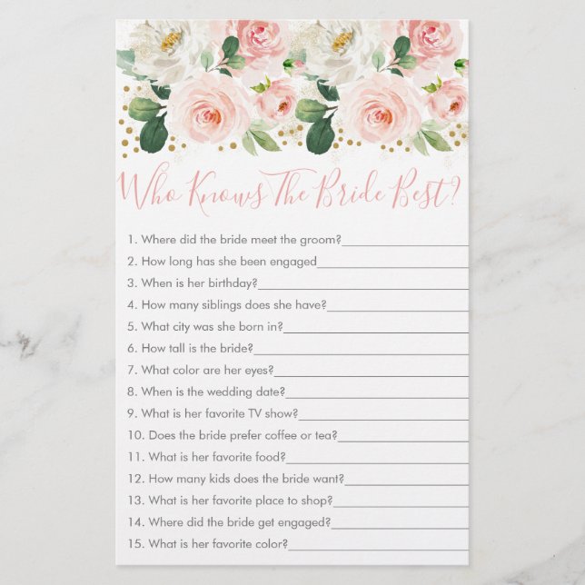 Blush Gold Floral Who Knows The Bride Best Game (Front)