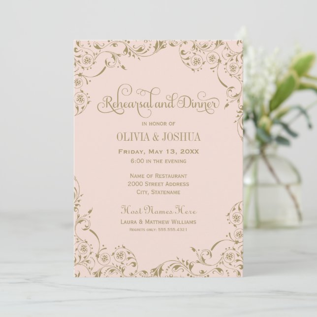 Blush Gold Flourish Wedding Rehearsal Invitation (Standing Front)
