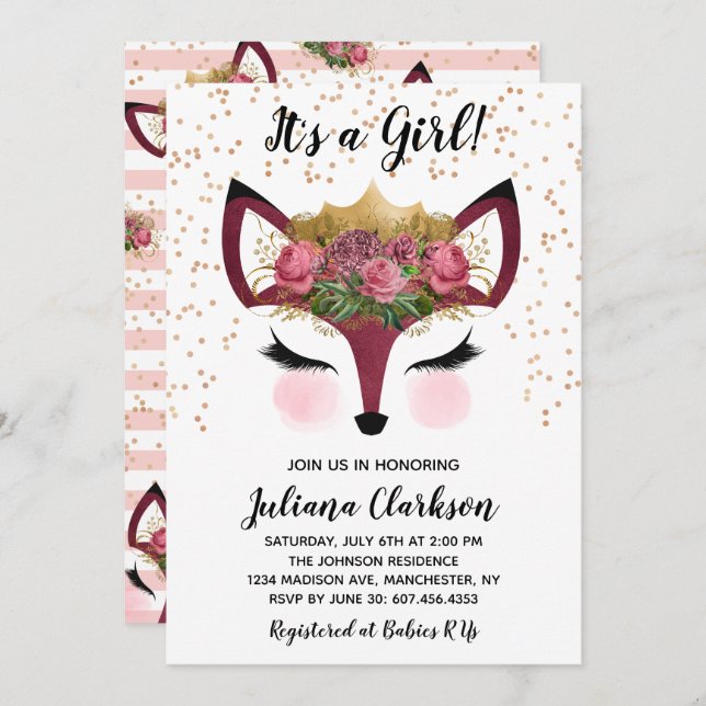 Blush & Gold Fox Princess Baby Shower Invitation (Front/Back)