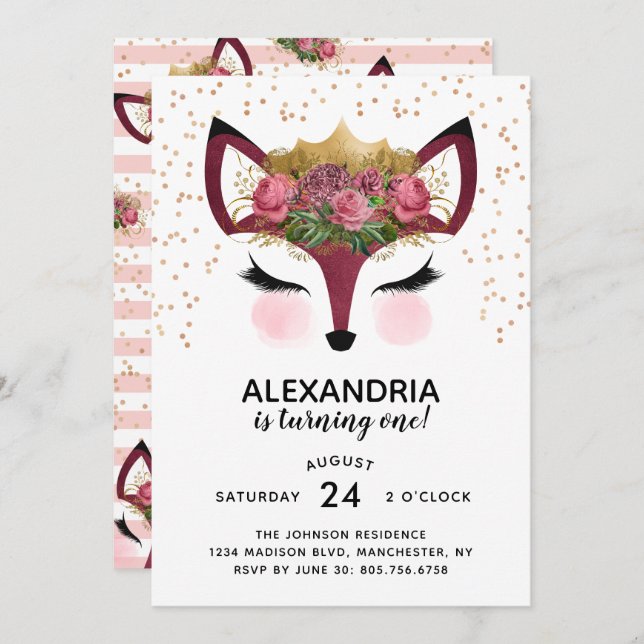Blush & Gold Fox Princess Birthday Invitation (Front/Back)