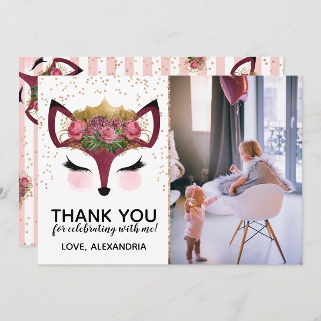 Blush & Gold Fox Princess Thank You Invitation (Front/Back)