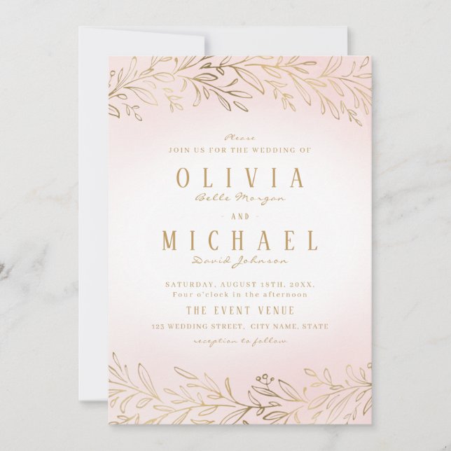 Blush gold gilded botanical elegant wedding invitation (Front)