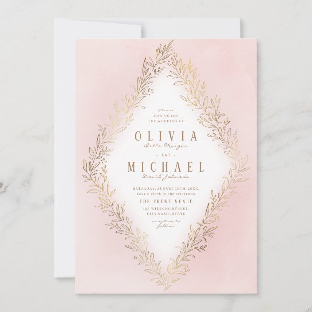 Blush gold gilded botanical elegant wedding invitation (Front)