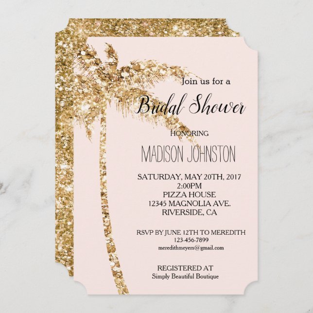 Blush Gold Glitter Palm Tree Bridal Shower Invitation (Front/Back)