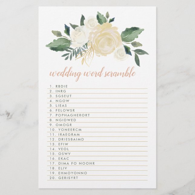 Blush Gold Green Floral Wedding Word Scramble Game (Front)