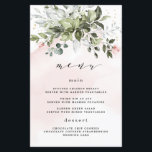 Blush Gold Greenery Dusty Blue Wedding Menu Cards<br><div class="desc">Design features light or blush pink watercolor splashes with printed gold simulated flecks. Design also features blush pink rose floral elements within a greenery bouquet or wreath. The wreath contains a succulent, eucalyptus and other greenery elements in shades of dark emerald green, sage green, dusty blue and more to fit...</div>