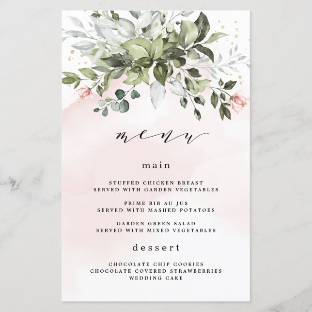 Blush Gold Greenery Dusty Blue Wedding Menu Cards (Front)
