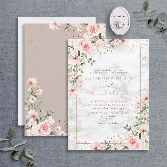 Blush Gold Greenery Dusty Pink Floral Wedding Invi Invitation (Creator Uploaded)