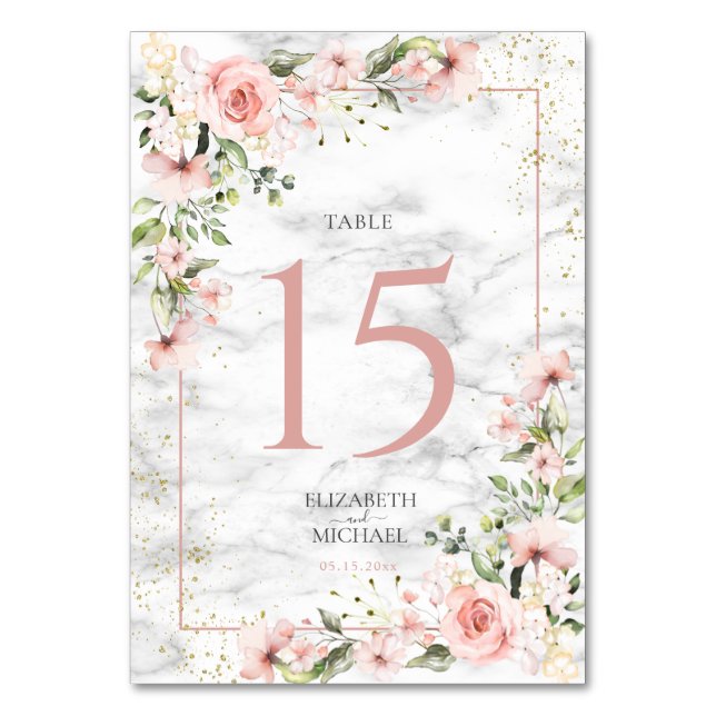 Blush Gold Greenery Dusty Pink Floral Wedding Table Number (Front)