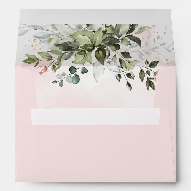 Blush Gold Greenery Succulent Dusty Blue Wedding Envelope (Back (Bottom))