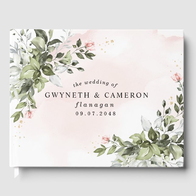 Blush Gold Greenery Succulent Dusty Blue Wedding Guest Book (Front)