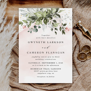 Blush Gold Greenery Succulent Dusty Blue Wedding Invitation