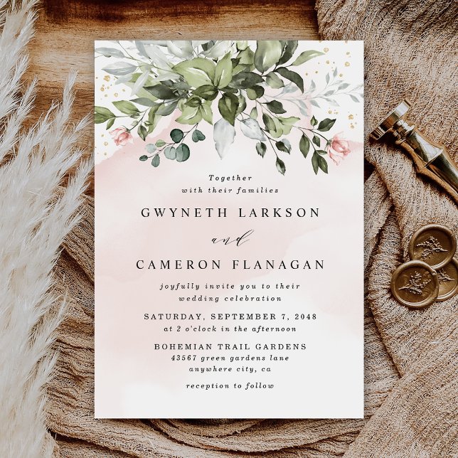 Blush Gold Greenery Succulent Dusty Blue Wedding Invitation (Creator Uploaded)