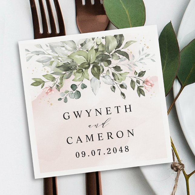Blush Gold Greenery Succulent Dusty Blue Wedding Napkin (Creator Uploaded)