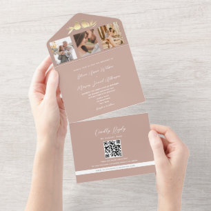 Blush Gold Lovebirds Photo QR Code Wedding All In One Invitation