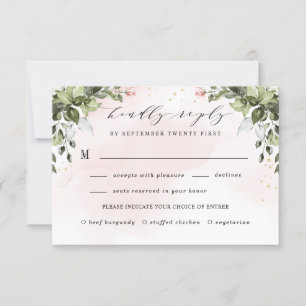 Blush Gold Meal Choice Greenery Dusty Blue Wedding RSVP Card