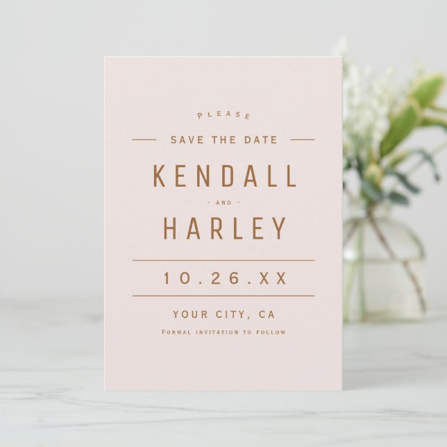 Blush Gold Modern Chic Typography Simple Photo Save The Date (Standing Front)
