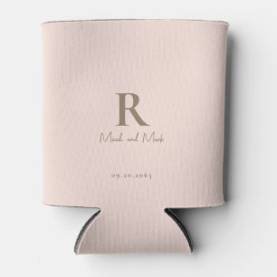 Blush Gold Monogram and Couple Names Wedding Can Cooler