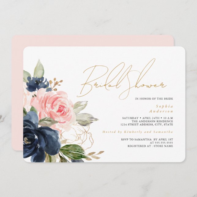 Blush Gold Navy Floral Bridal Shower Invitation (Front/Back)