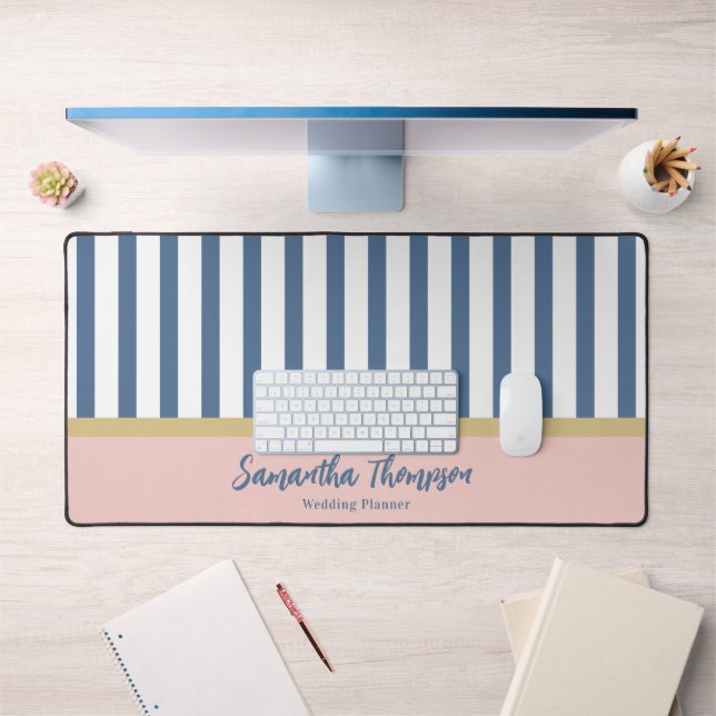 Blush Gold & Navy Striped Name and Occupation  Desk Mat (Office 1)