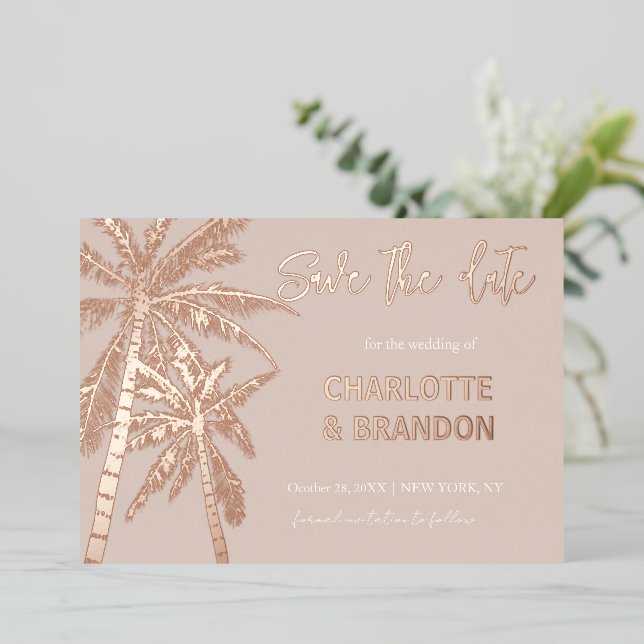 Blush Gold Palm Trees Beach Wedding Save The Date (Standing Front)