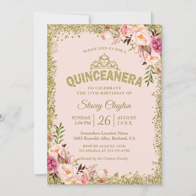 Blush Gold Pink Floral Quinceanera 15th Birthday Invitation (Front)