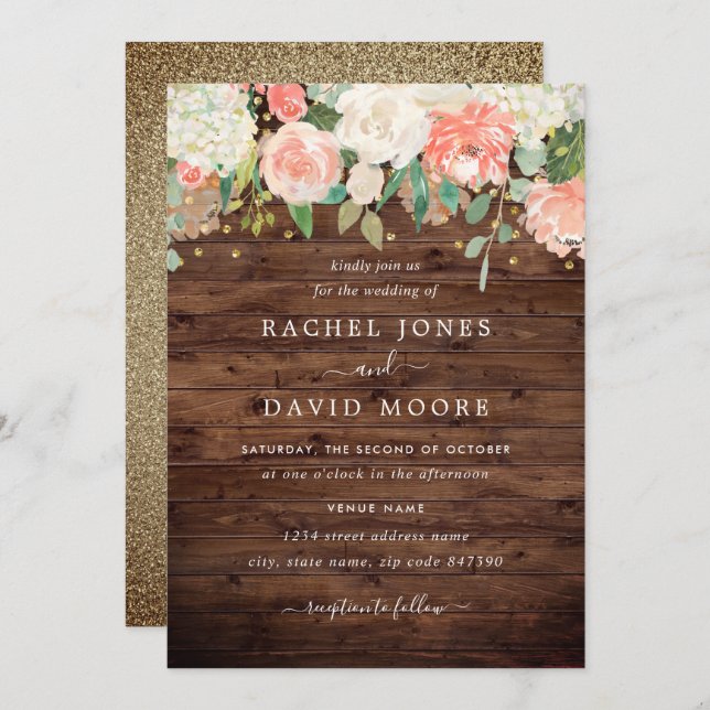 Blush Gold Rustic Wood Floral Wedding Invitation (Front/Back)