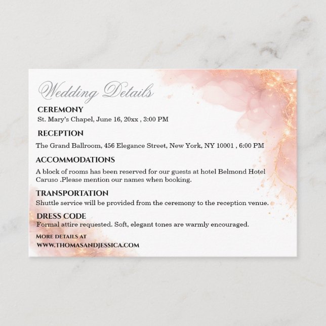 Blush Gold Sparkle Romantic Wedding Details Enclosure Card (Front)