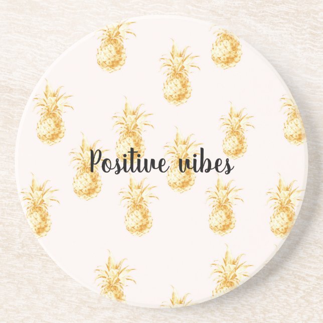 Blush Gold Tropical Pineapples personalised quote Coaster (Front)