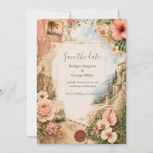 Blush Gold Tropical Wedding Journey Luxe Invitation (Front)