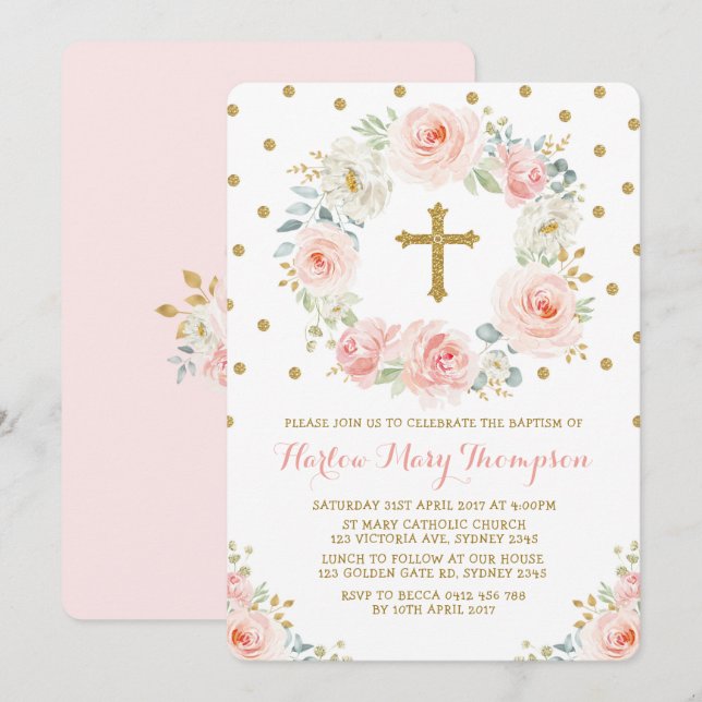 Blush Gold Watercolor Floral Baptism Christening Invitation (Front/Back)