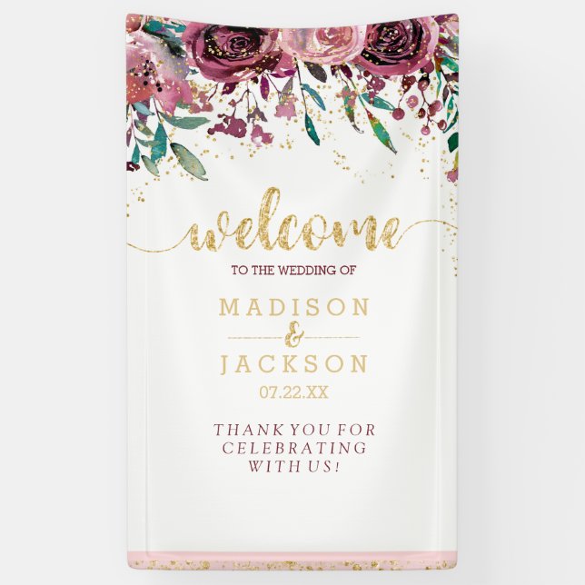 Blush & Gold Watercolor Floral Wedding Welcome Banner (Vertical)