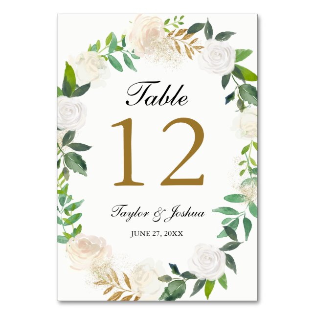 Blush Gold Watercolor Wreath Wedding Table Cards (Front)