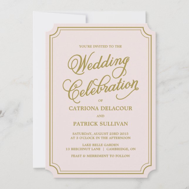 Blush & Gold Whimsical Script Wedding Invitation (Front)
