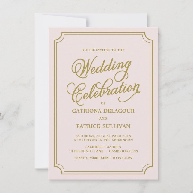 Blush & Gold Whimsical Script Wedding Invitation I (Front)
