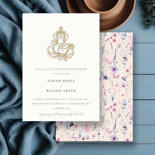 Blush Gold Wildflower Ganesh Indian Anniversary Invitation (Creator Uploaded)