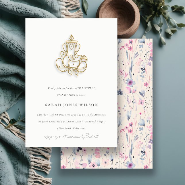 Blush Gold Wildflower Ganesh Indian Birthday Invitation (Creator Uploaded)