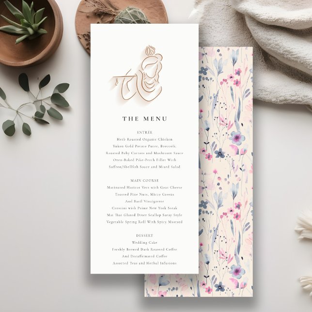 Blush Gold Wildflower Krishna Indian Wedding Menu Invitation (Creator Uploaded)
