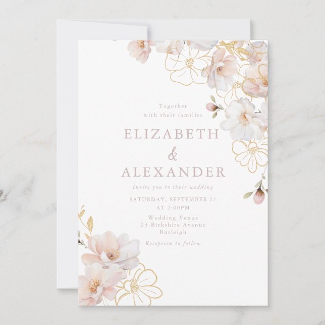 Blush & Gold Wildflowers Elegant Wedding Invitation (Front)
