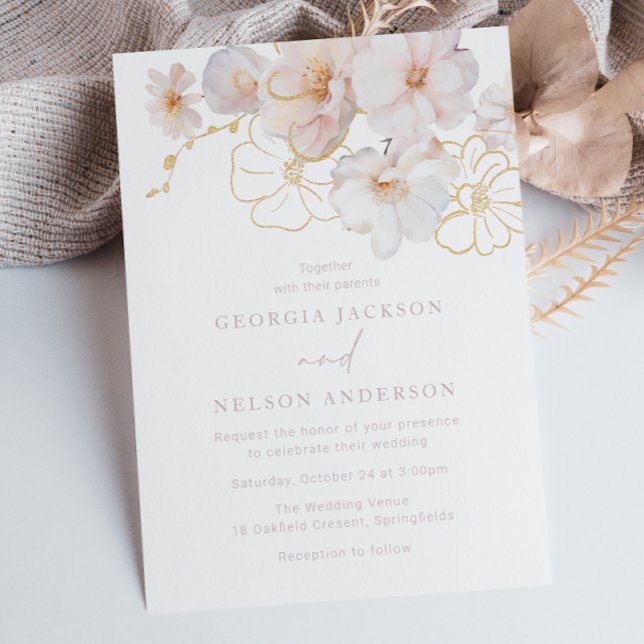 Blush & Gold Wildflowers Elegant Wedding Invitation (Creator Uploaded)