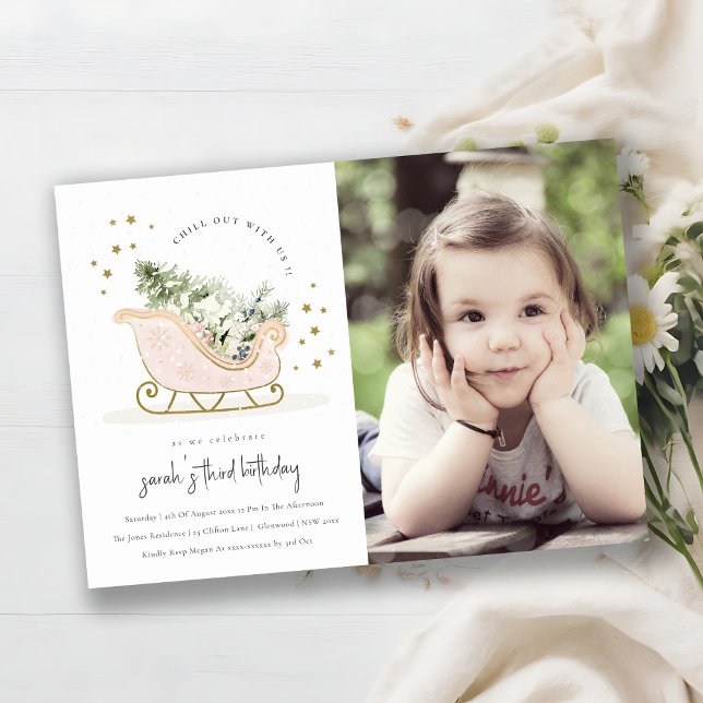 Blush Gold Winter Sleigh Photo Birthday Invite (Creator Uploaded)