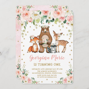 Blush Gold Woodland Animals Girly Floral Birthday Invitation