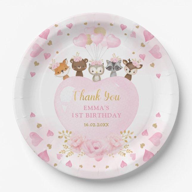 Blush Gold Woodland Sweetheart Valentines Birthday Paper Plate (Front)