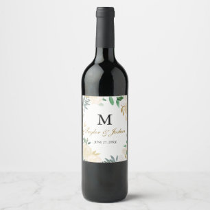 Blush Gold Wreath Monogram Wedding Wine Label