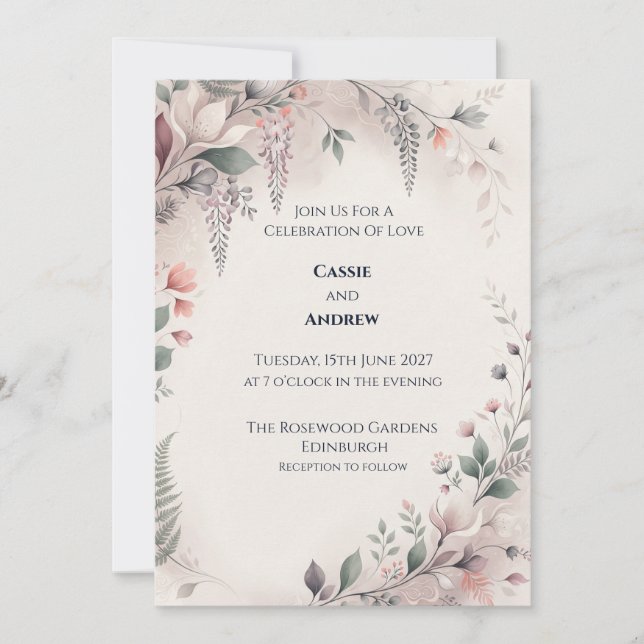 Blush Gray Botanical Wedding Invitation (Front)