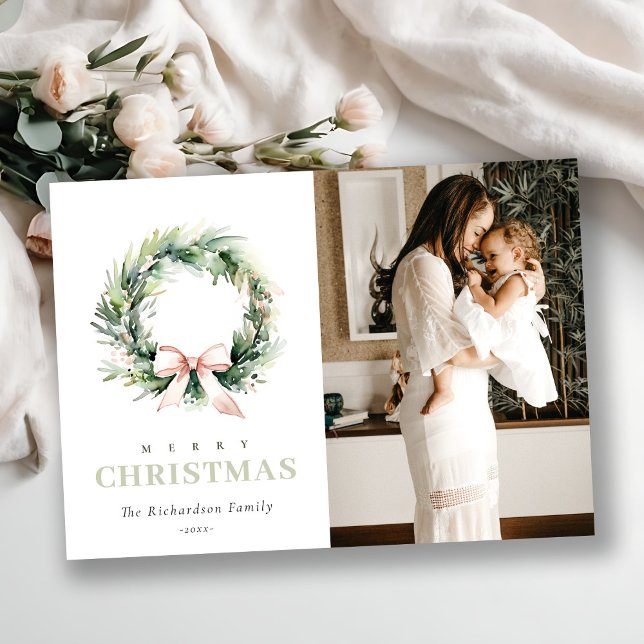 Blush Green Christmas Wreath Watercolor Photo Holiday Card (Creator Uploaded)