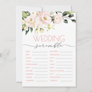 Blush Green Floral Wedding Word Scramble Game Invitation
